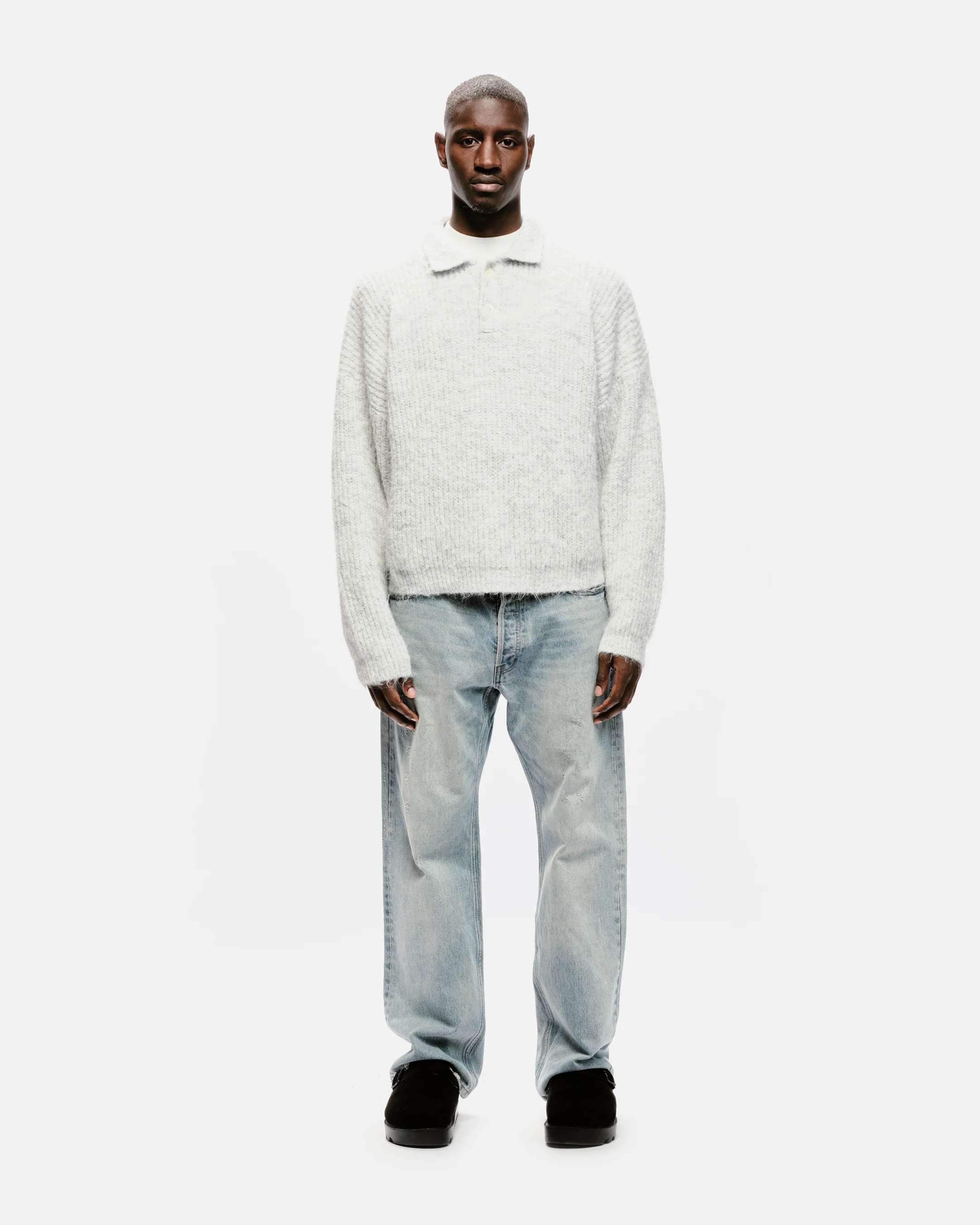 CHUNKY KNIT POLO - MARL GREY - Image 3