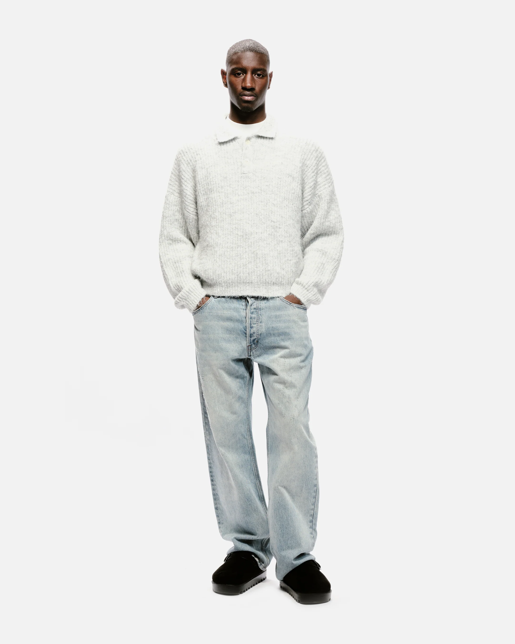CHUNKY KNIT POLO - MARL GREY - Image 8