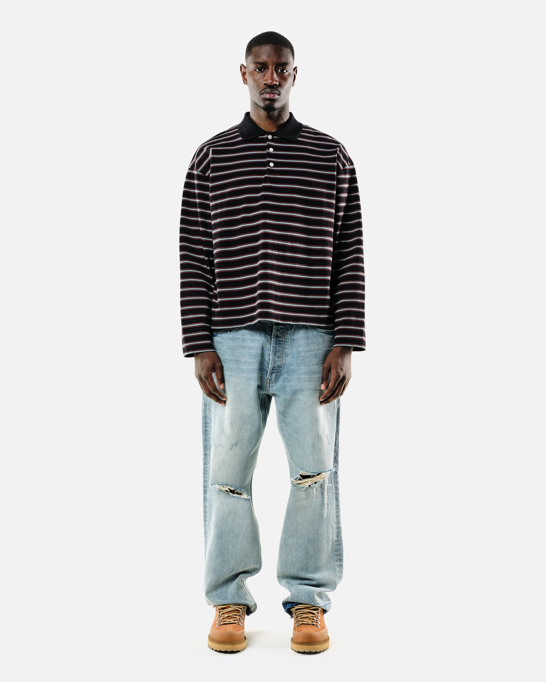HEAVYWEIGHT LONG SLEEVE POLO  - BLACK STRIPE - Image 3
