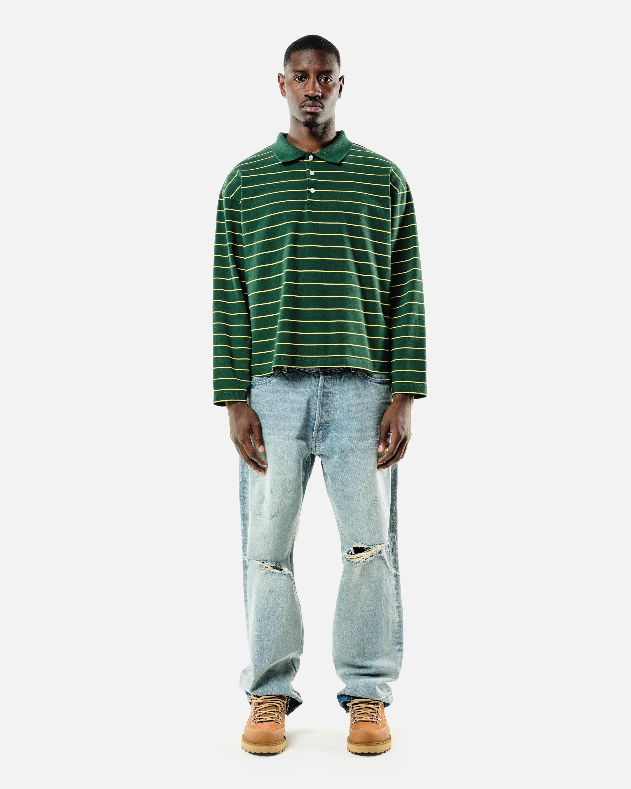 HEAVYWEIGHT LONG SLEEVE POLO  - BOTTLE/YELLOW STRIPE - Image 3