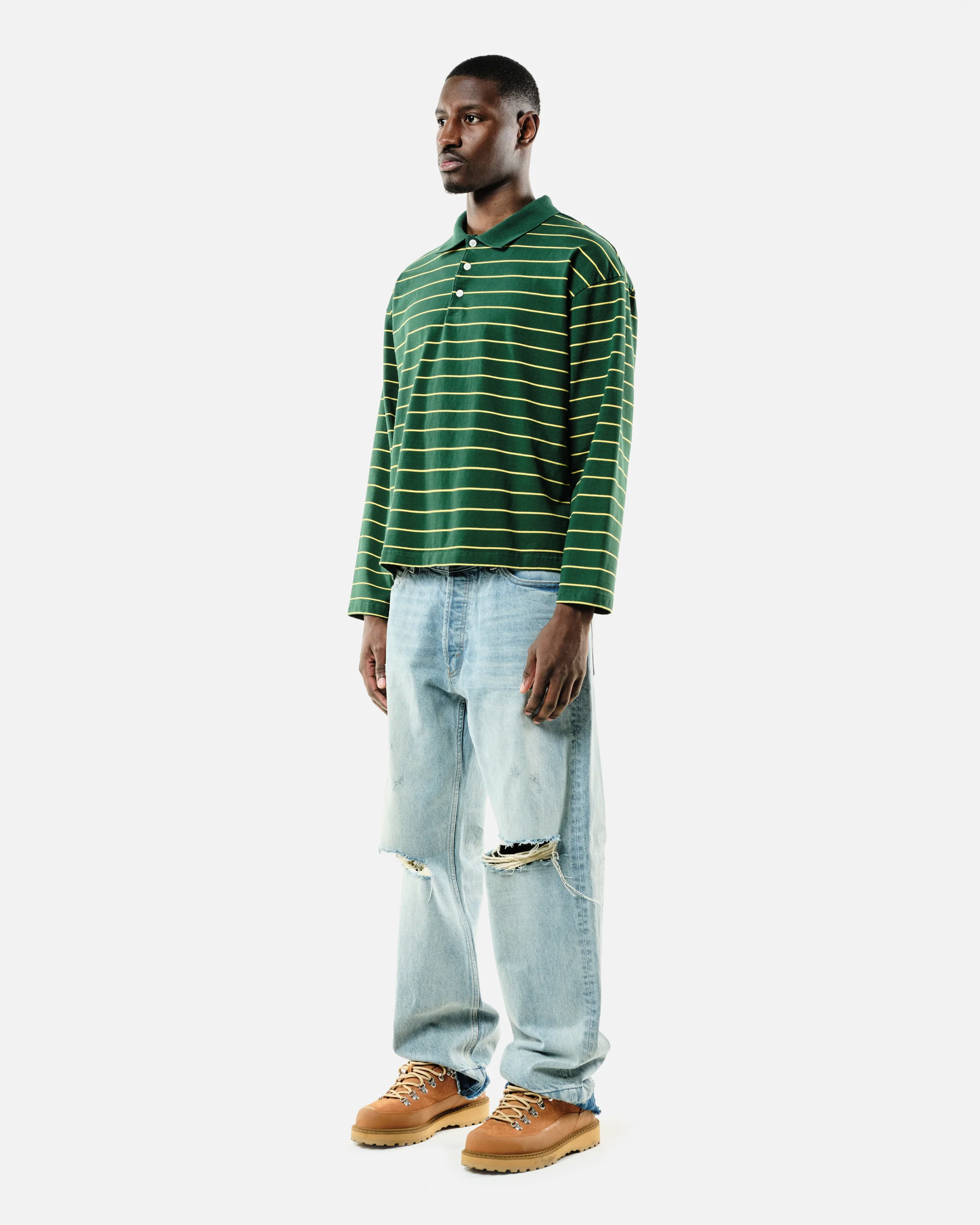 HEAVYWEIGHT LONG SLEEVE POLO  - BOTTLE/YELLOW STRIPE - Image 4