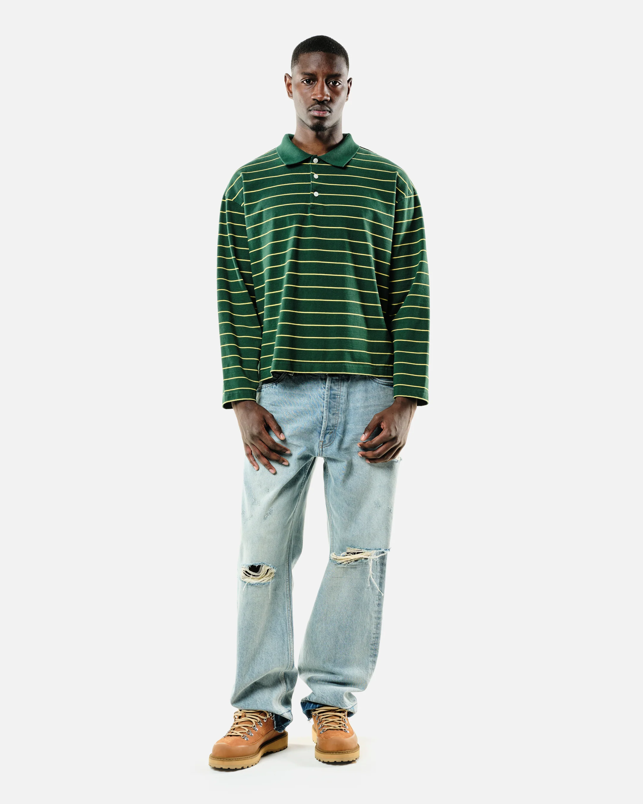 HEAVYWEIGHT LONG SLEEVE POLO  - BOTTLE/YELLOW STRIPE - Image 7
