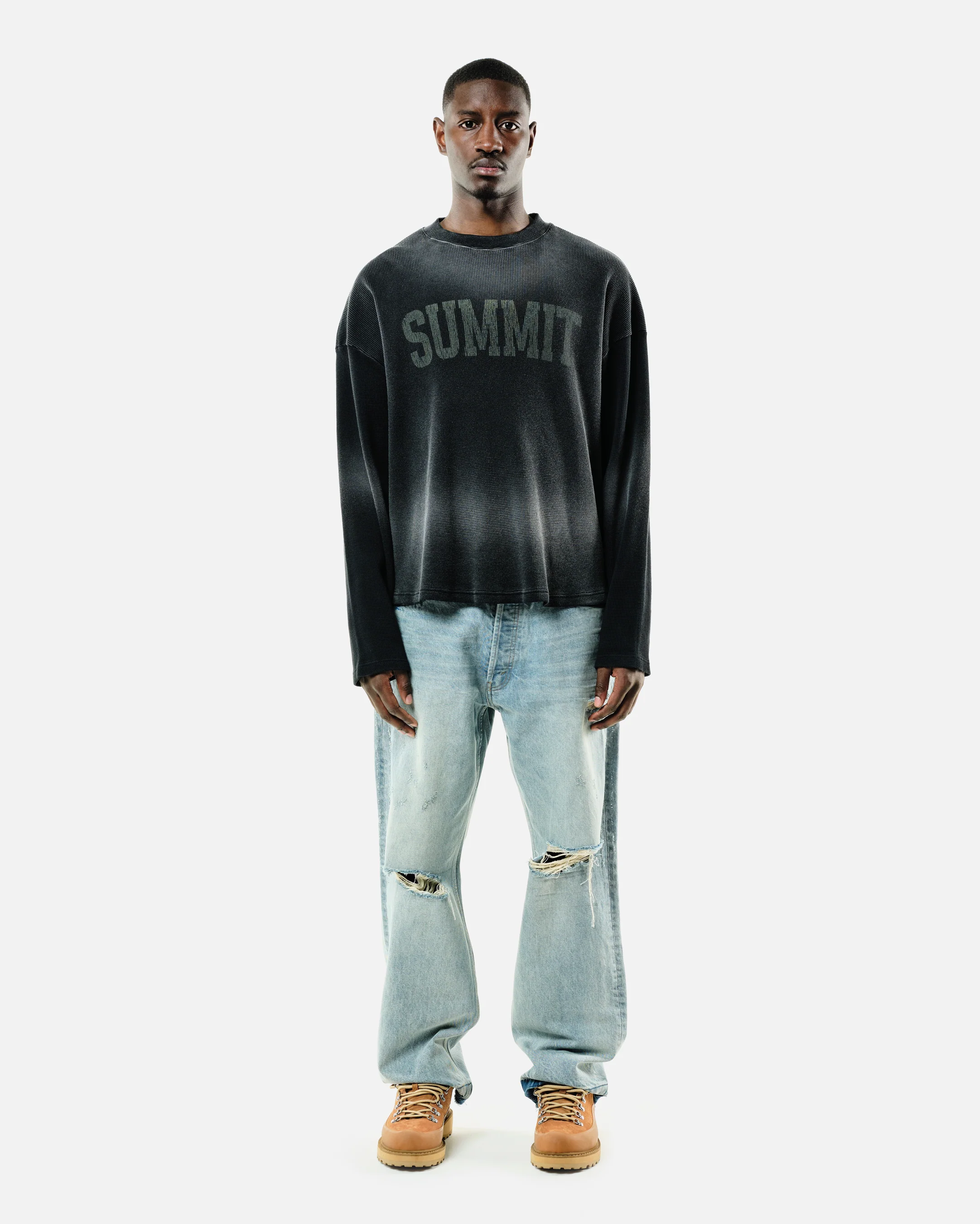 ARC PRINT WAFFLE LONG SLEEVE T-SHIRT - SUN FADE BLACK - Image 3