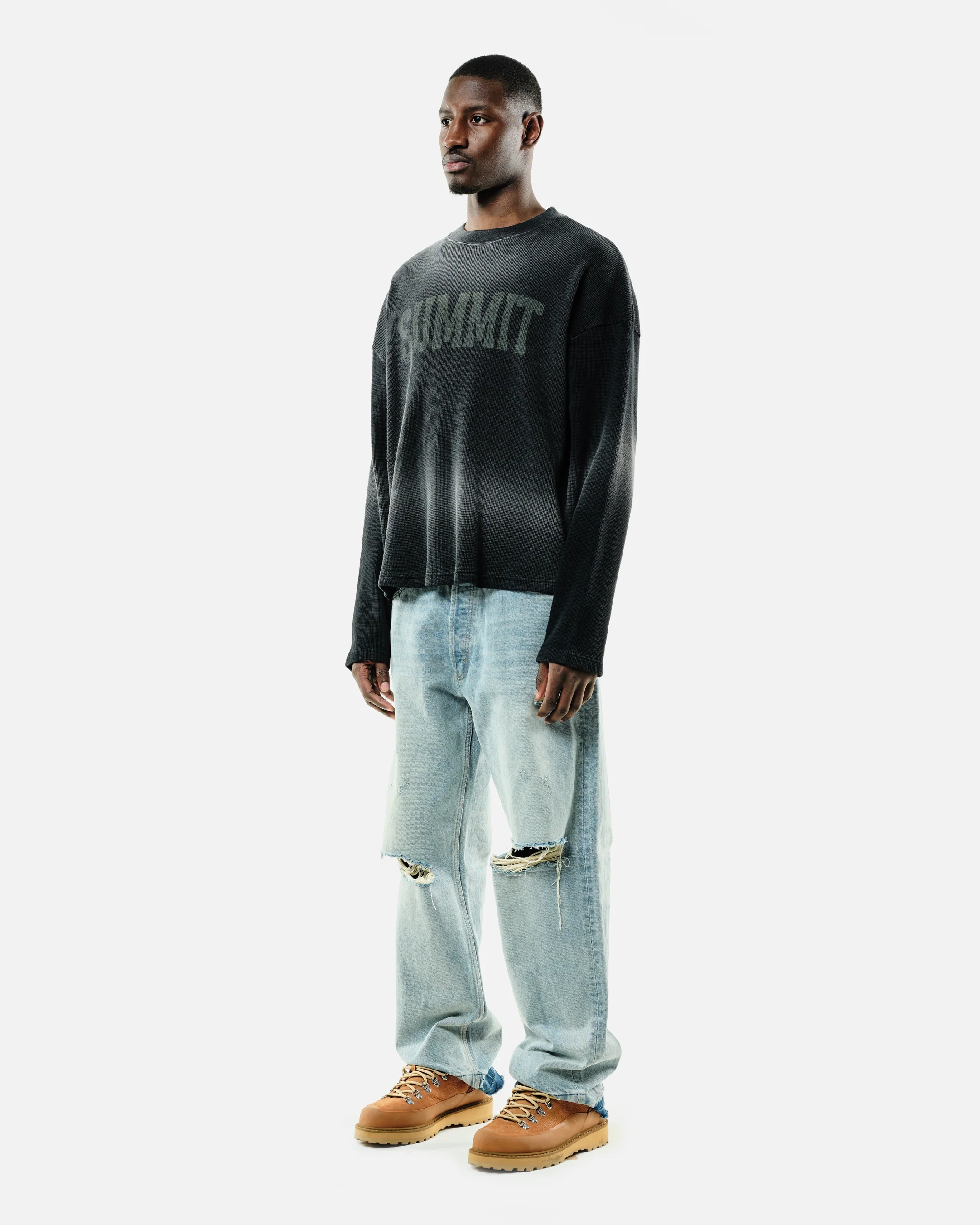 ARC PRINT WAFFLE LONG SLEEVE T-SHIRT - SUN FADE BLACK - Image 4