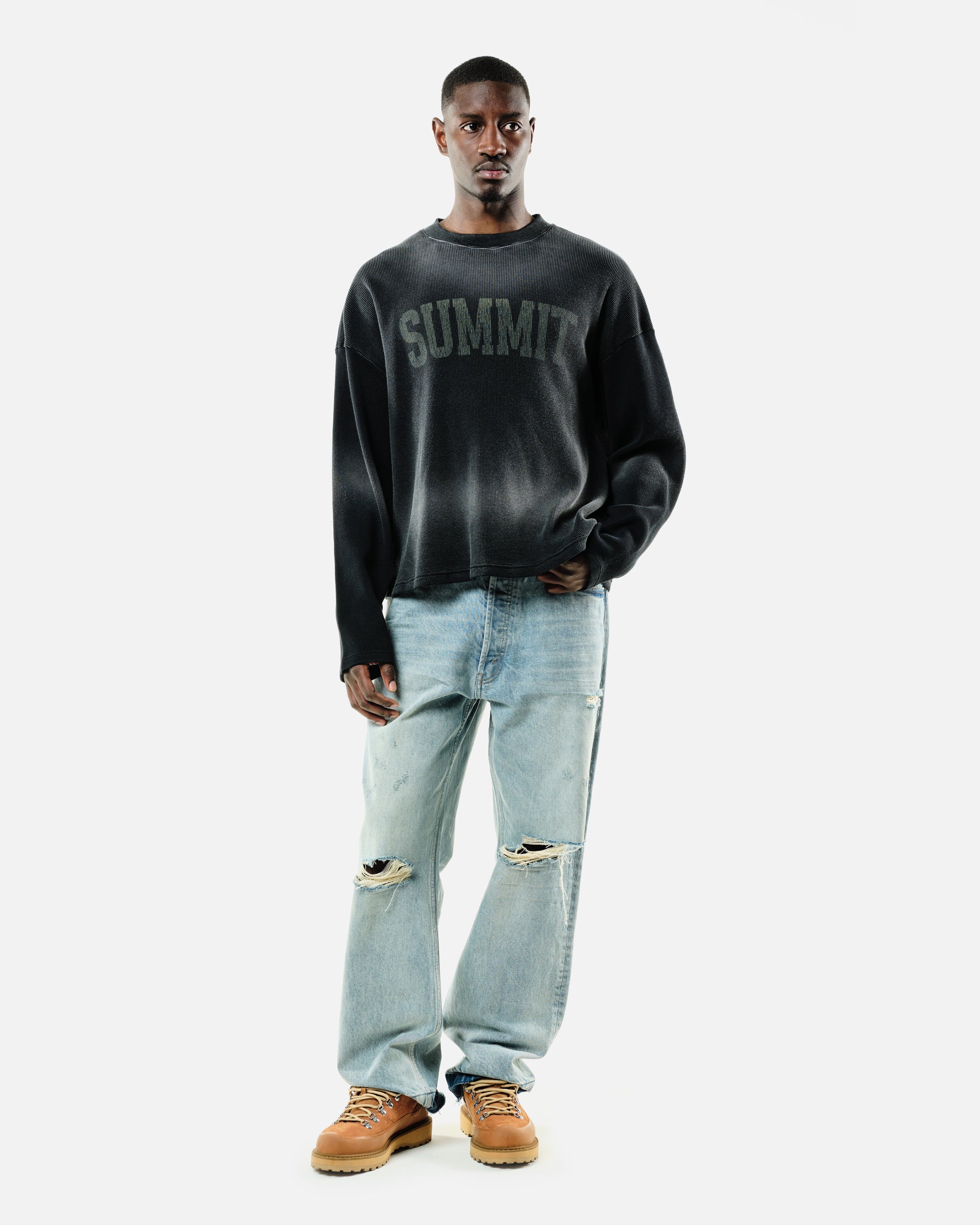 ARC PRINT WAFFLE LONG SLEEVE T-SHIRT - SUN FADE BLACK - Image 6
