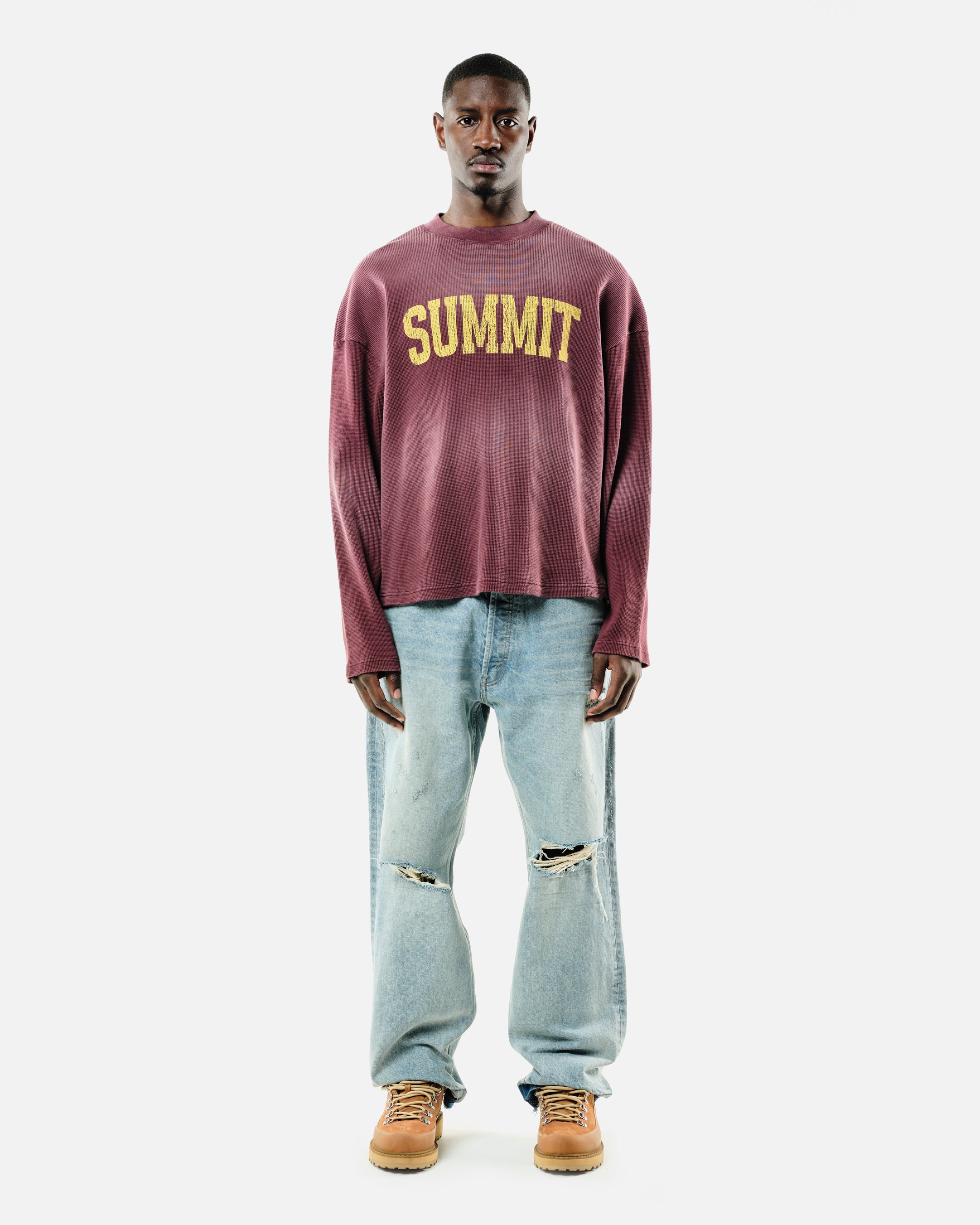 ARC PRINT WAFFLE LONG SLEEVE T-SHIRT - SUN FADE BURGUNDY - Image 3