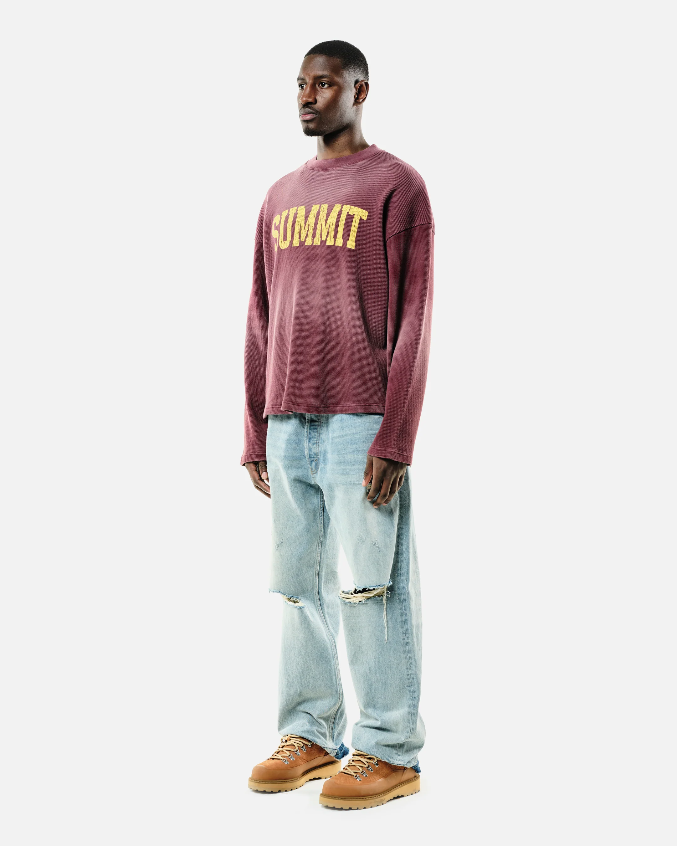 ARC PRINT WAFFLE LONG SLEEVE T-SHIRT - SUN FADE BURGUNDY - Image 4