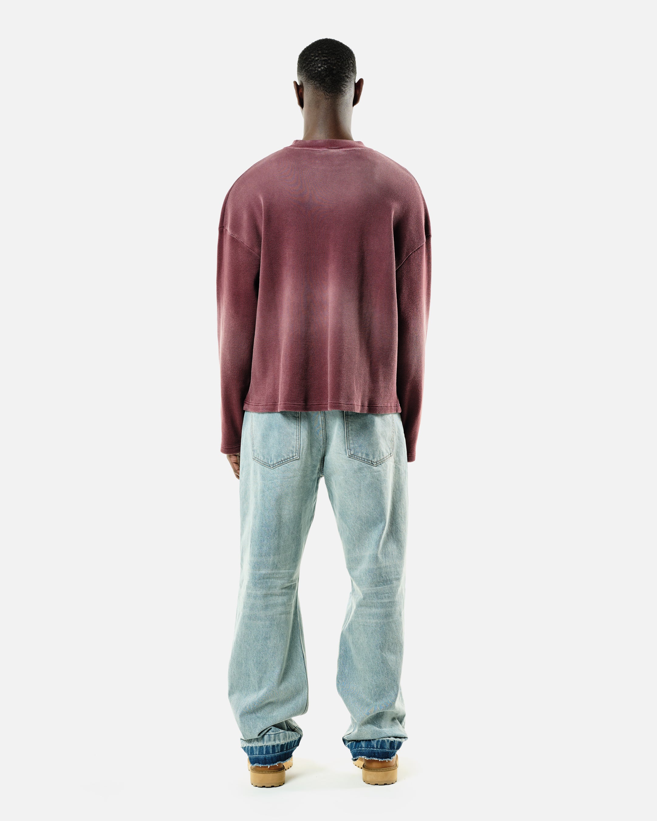 ARC PRINT WAFFLE LONG SLEEVE T-SHIRT - SUN FADE BURGUNDY - Image 5