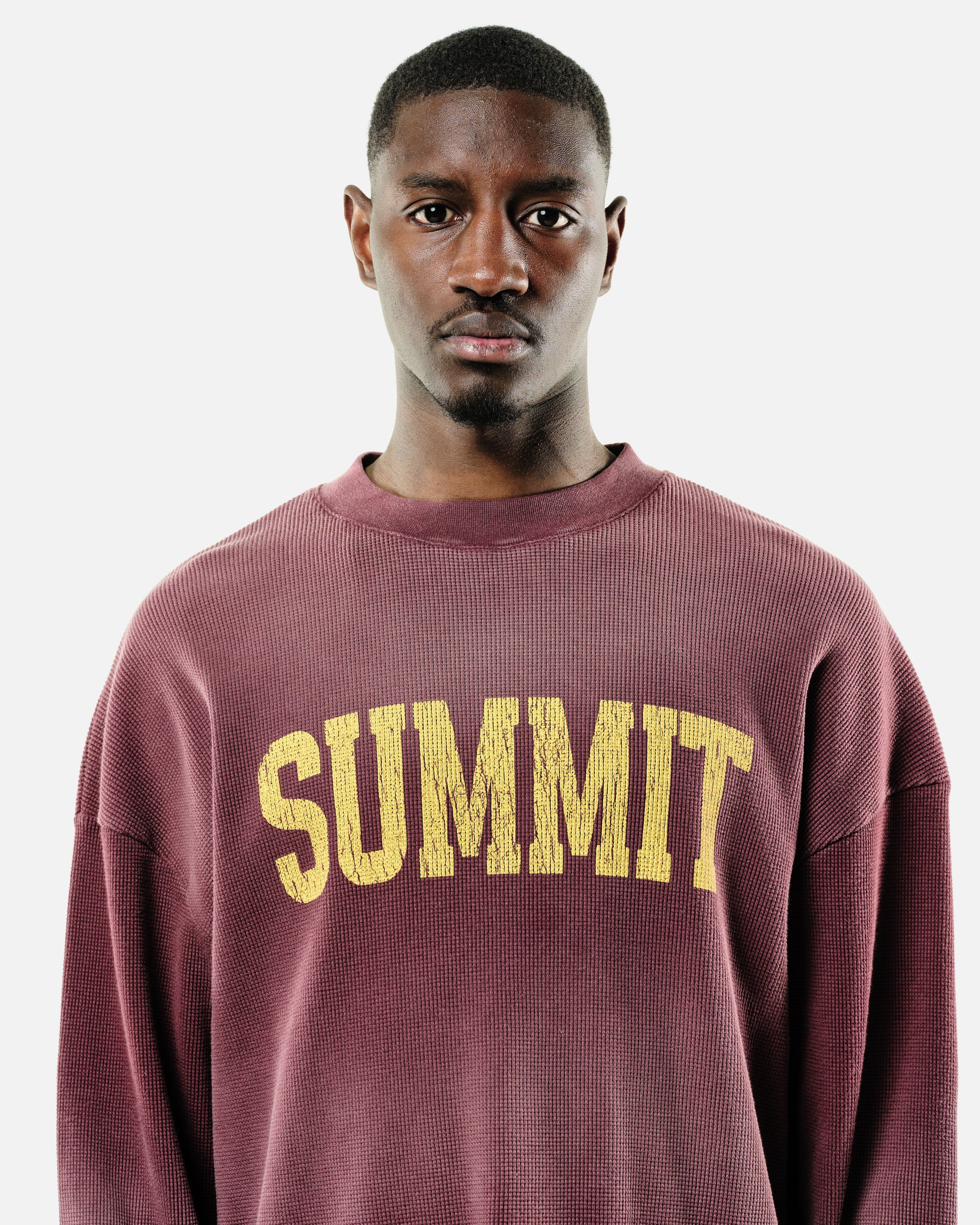 ARC PRINT WAFFLE LONG SLEEVE T-SHIRT - SUN FADE BURGUNDY - Image 6
