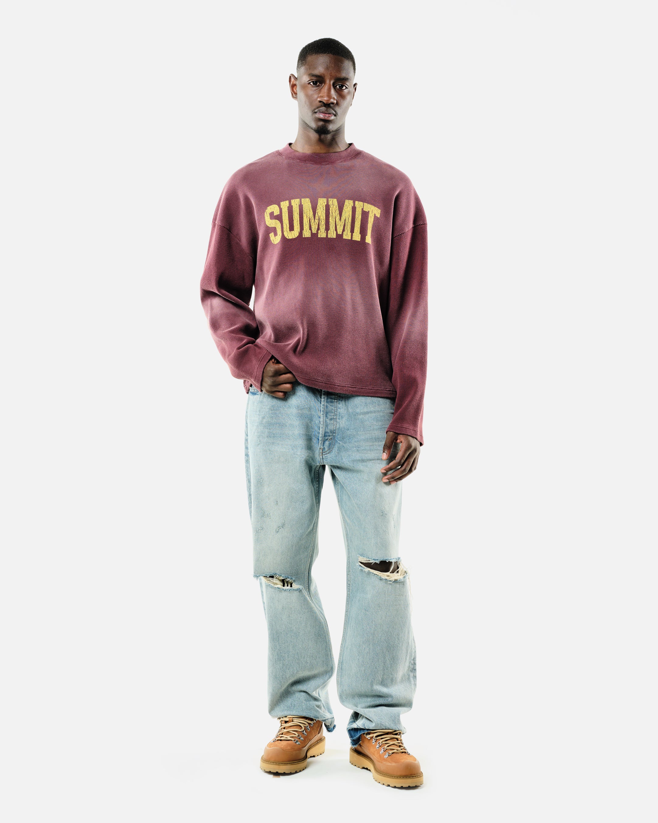 ARC PRINT WAFFLE LONG SLEEVE T-SHIRT - SUN FADE BURGUNDY - Image 7